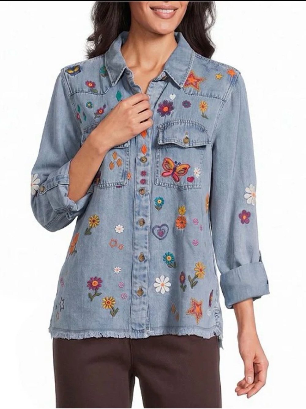 John Mark Light Blue Embroidered Denim Button-Down Shirt/jacket